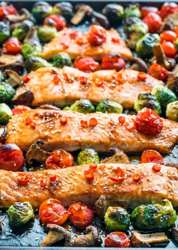 The 25 BEST Brussels Sprout Recipes - sheet pan teriyaki salmon.