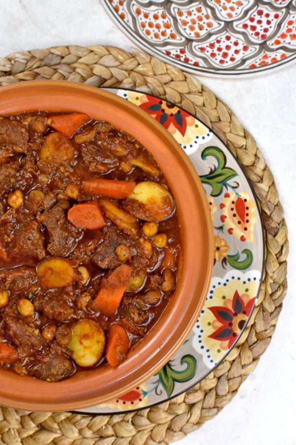 Bowl of beef tagine atop the Gypsy Plate.