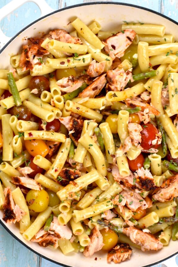 This Salmon Pasta is absolutely divine, loaded with amazing flavors that come from perfectly roasted salmon. All ready in about 30 minutes!