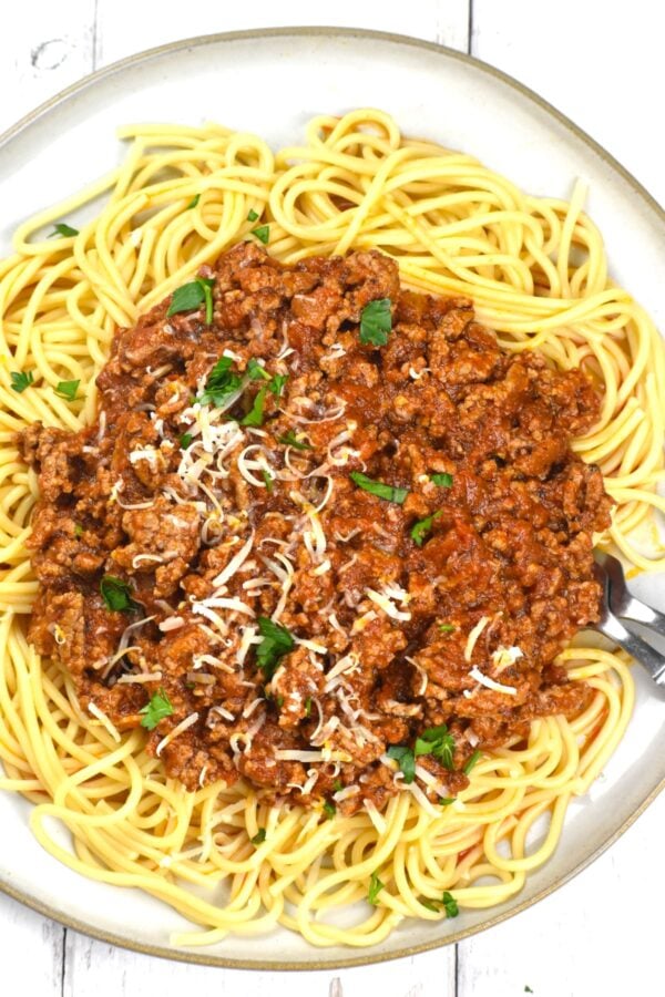 Spaghetti with Meat Sauce, everyone's childhood favorite. It can be a quick weeknight meal, or the sauce can simmer for hours.