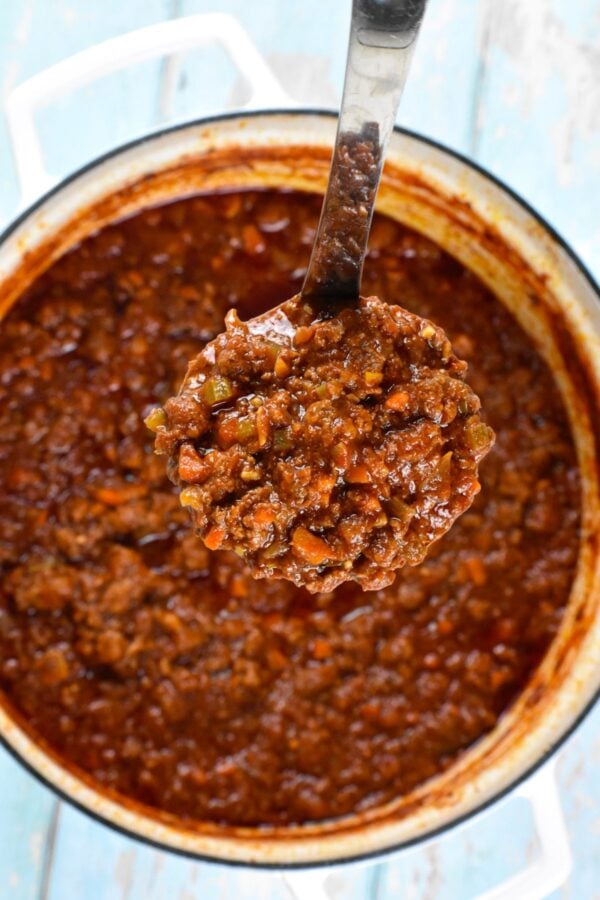 This Lamb Ragu is an incredibly flavorful and comforting Italian sauce. Tender ground lamb is simmered low and slow in a well seasoned tomato sauce.