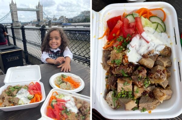 Things to Do in London - Noah eating food near tower bridge