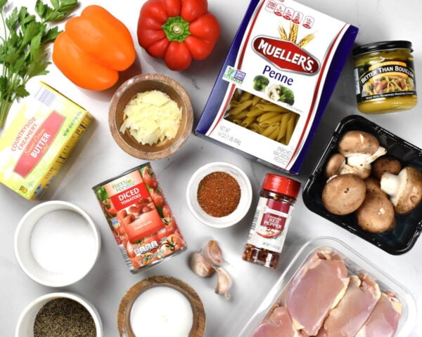 Cajun chicken pasta ingredients, as listed below.