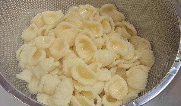 Cooked pasta in a colander.