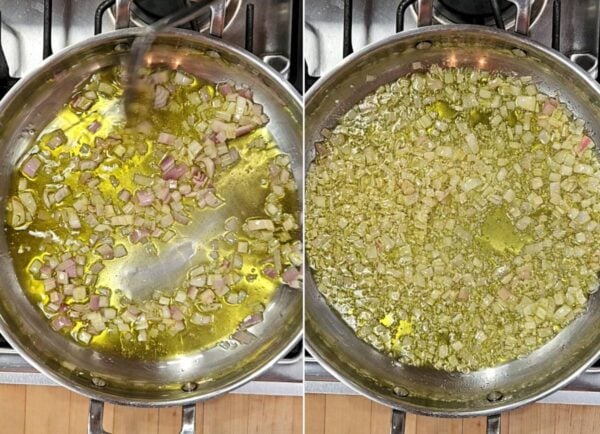 Side by side process shots of sautéing onion and then garlic.