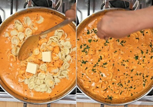 Adding cooked pasta and then parsley.