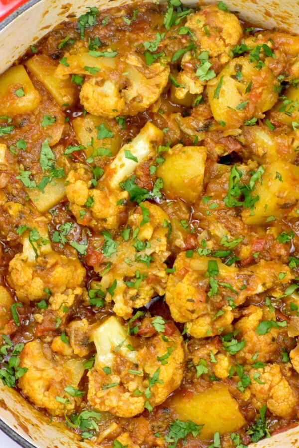 Close up shot of aloo gobi.