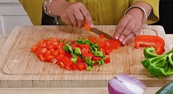 Dicing peppers.