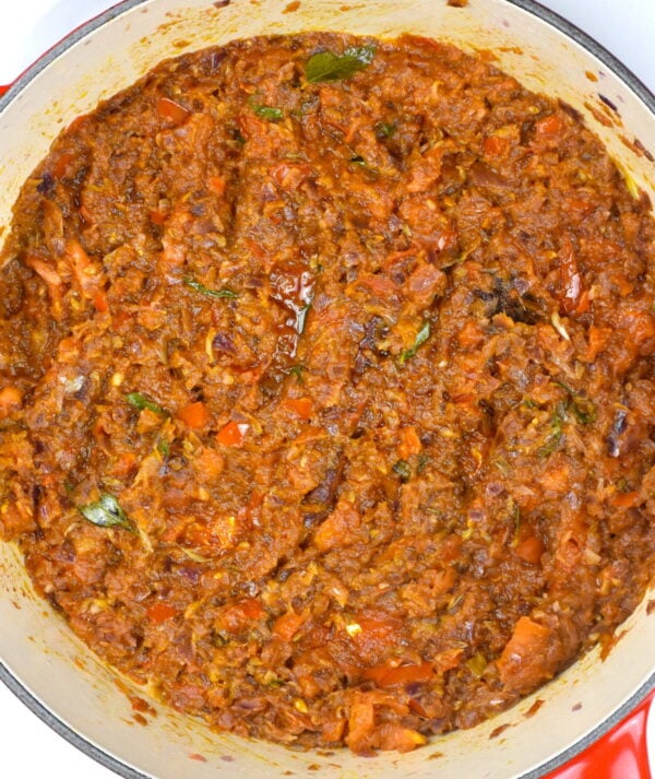 Masala cooking in pot.