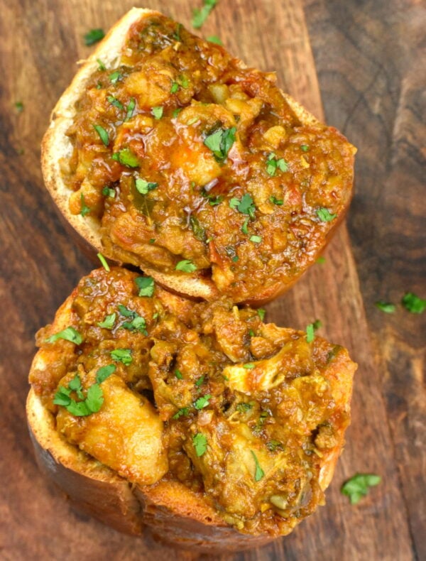 Overhead shot of two servings of Bunny chow.