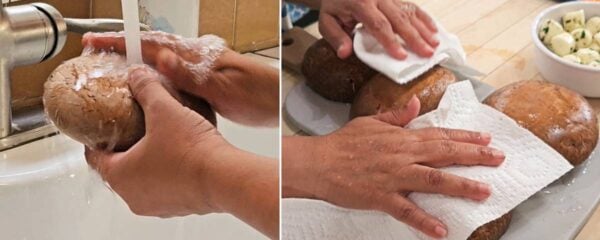 Cleaning the mushrooms.