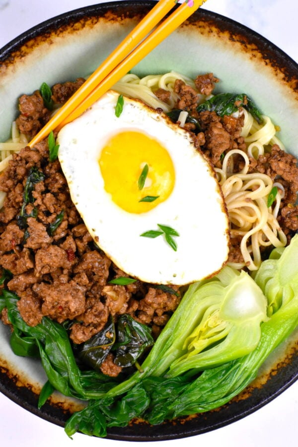 Thai basil noodles in a bowl.