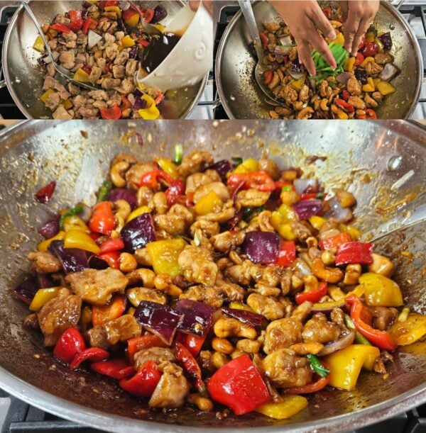 Mixing in the sauce and scallions.