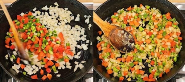 Sautéing onion and pepper, along with garlic and jalapeno.