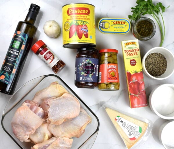 Chicken puttanesca ingredients.