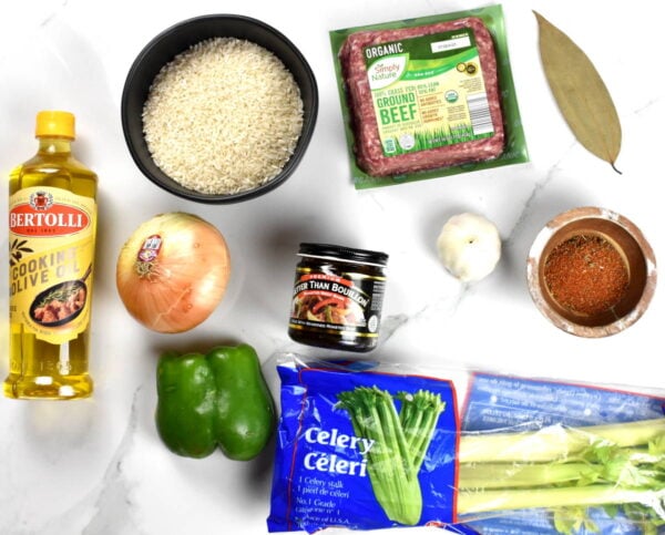 All ingredients for dirty rice recipe.