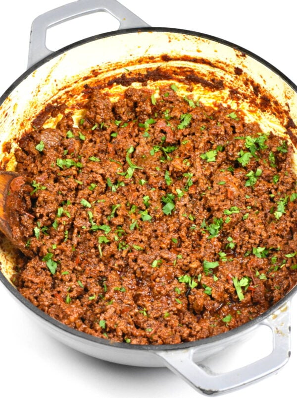 Ground beef birria in a pot.