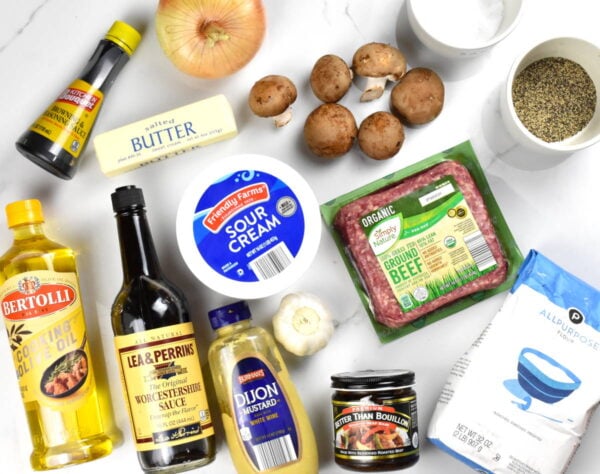 Ingredients for hamburger stroganoff.