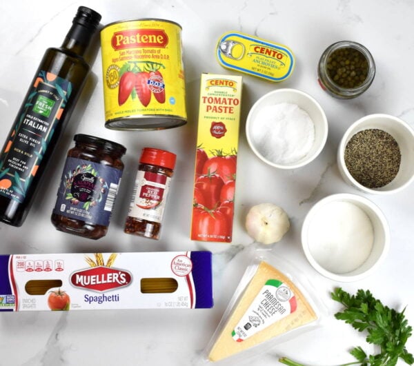 Pasta puttanesca ingredients.