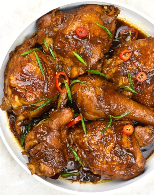 Bowl of chicken adobo.