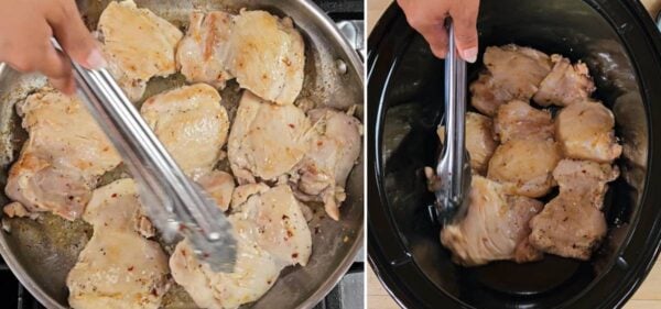 Searing the chicken and placing it in the slow cooker.