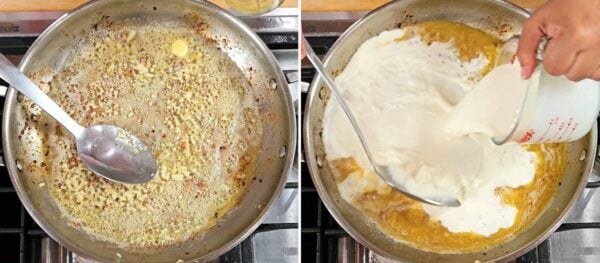 Sautéing garlic and adding cream.