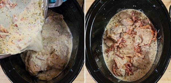 Pouring the sauce into the crockpot.
