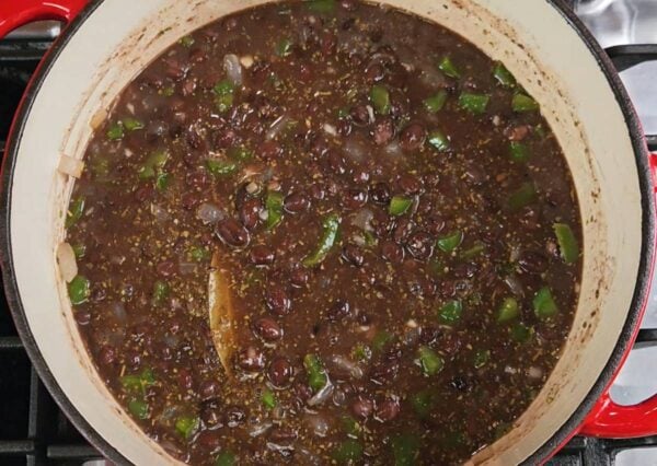 Simmering the black beans.
