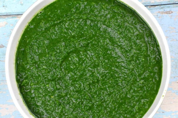 Blended spinach in a bowl.