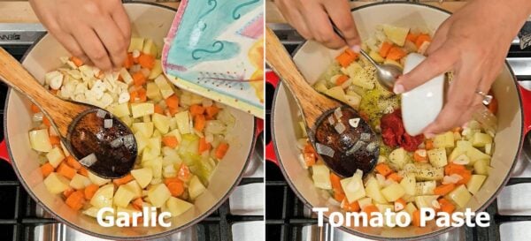 Adding garlic and tomato paste.