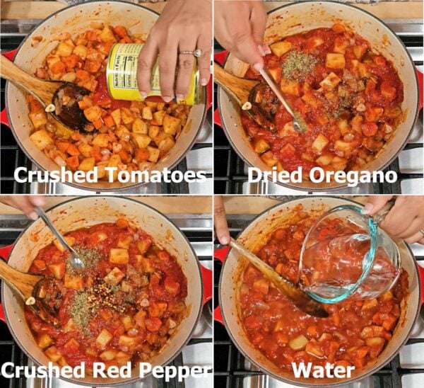 Adding crushed tomatoes, seasonings and water.