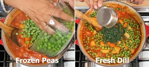 Adding peas and dill.