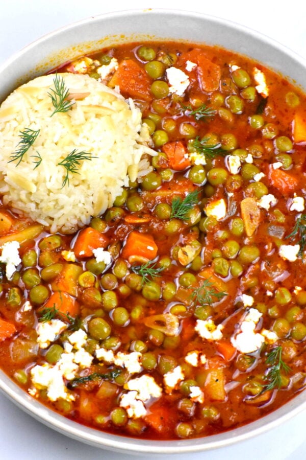 Bowl of greek peas served with rice.
