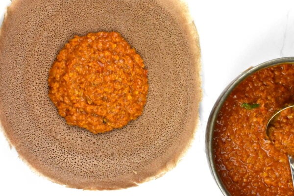 Ethiopian red lentils served with injera bread.