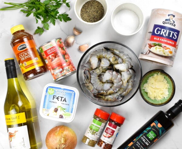 Greek shrimp and grits ingredients.