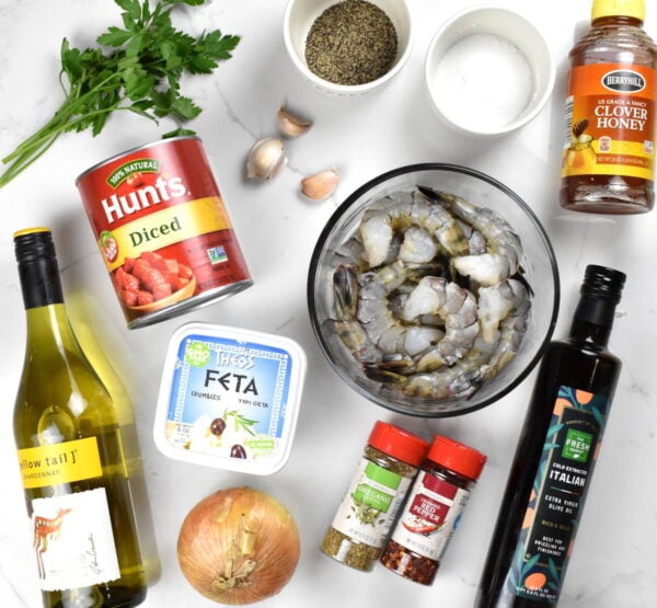 Shrimp saganaki ingredients.