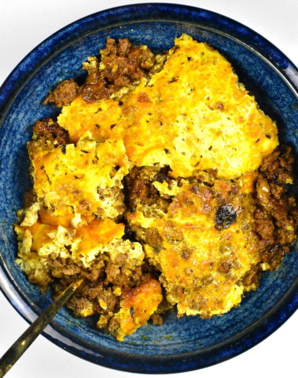 Bowl of South african curried mince casserole.