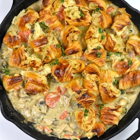 Featured image for chicken pot pie with croissant topping.
