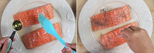 Seasoning the salmon.