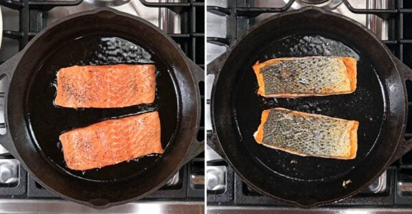 Searing the salmon.