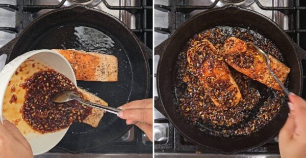 Adding the firecracker sauce onto the salmon.