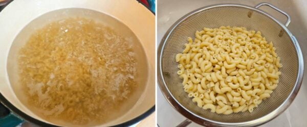 Boiling the macaroni noodles.