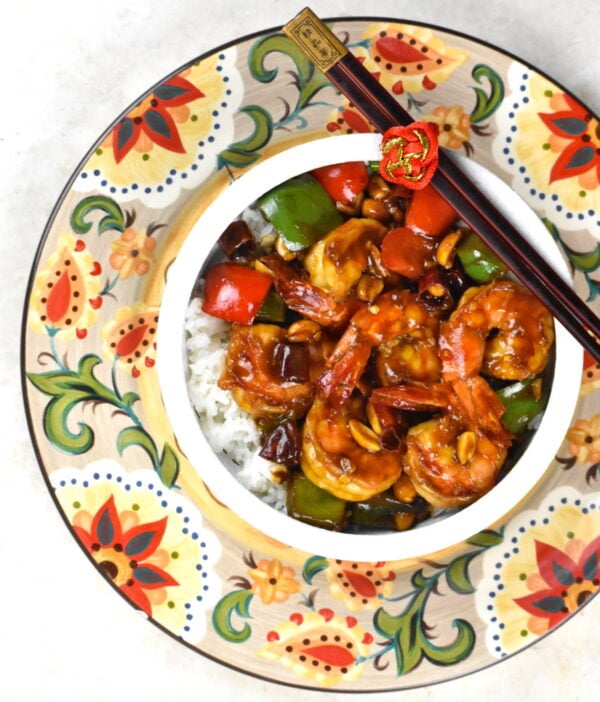 bowl of kung pao shrimp on the gypsy plate