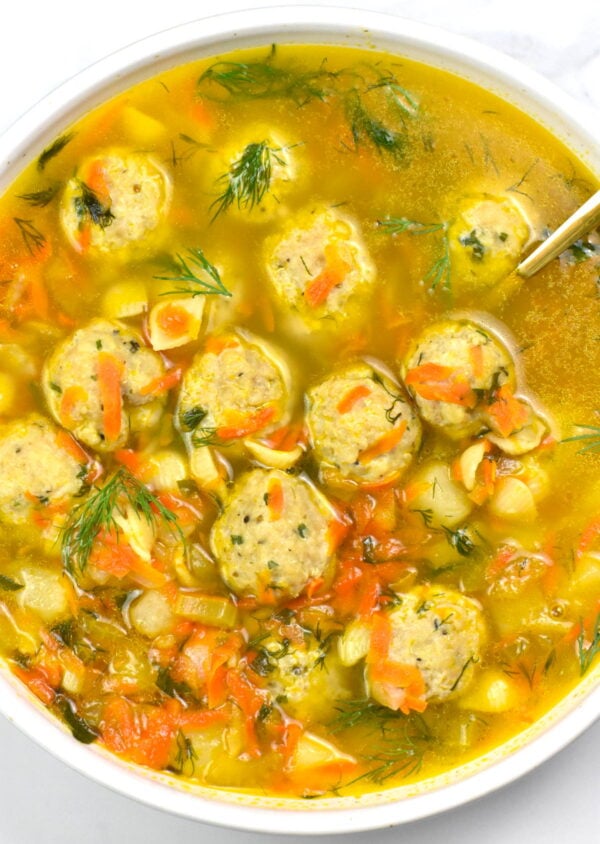 Bowl of Russian meatball soup.