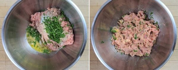 Combining meatball ingredients.