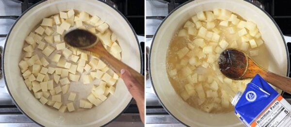 Cooking potatoes, then adding broth.