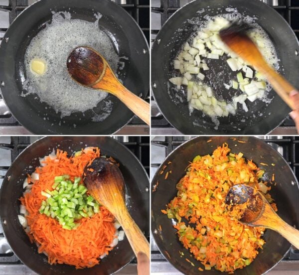 Cooking the onion, carrot and celery.