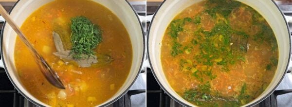 Adding ingredients and simmering the broth.