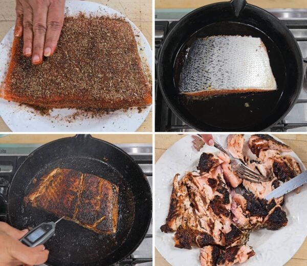 Blackening the salmon.