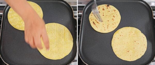 Charring the corn tortillas in a skillet.